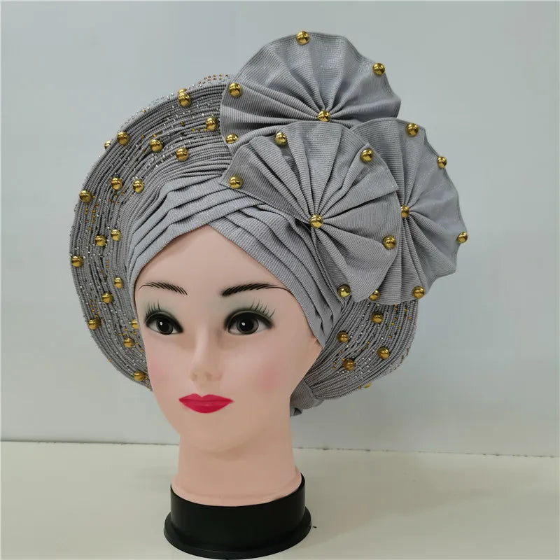 Nigerian gel headgear, with stone bead, already made auto, turban, afro aso ebi gel aso oke, wide brim headgear 7L111802