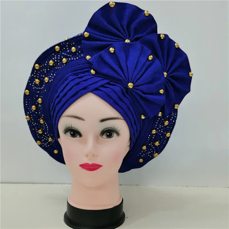 Nigerian gel headgear, with stone bead, already made auto, turban, afro aso ebi gel aso oke, wide brim headgear 7L111802