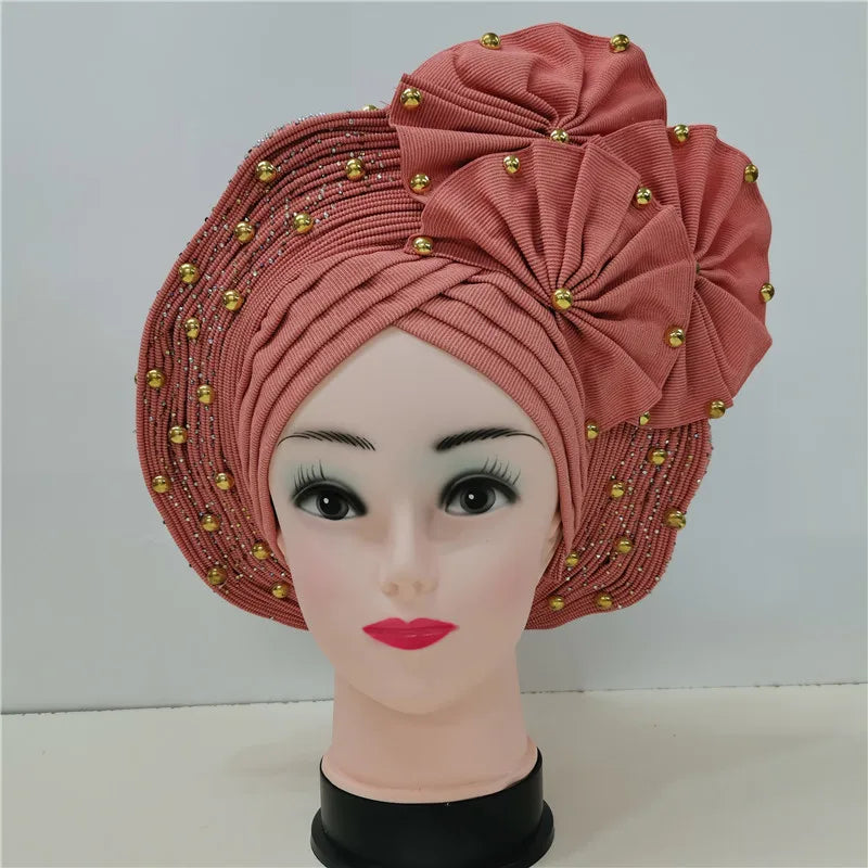 Nigerian gel headgear, with stone bead, already made auto, turban, afro aso ebi gel aso oke, wide brim headgear 7L111802