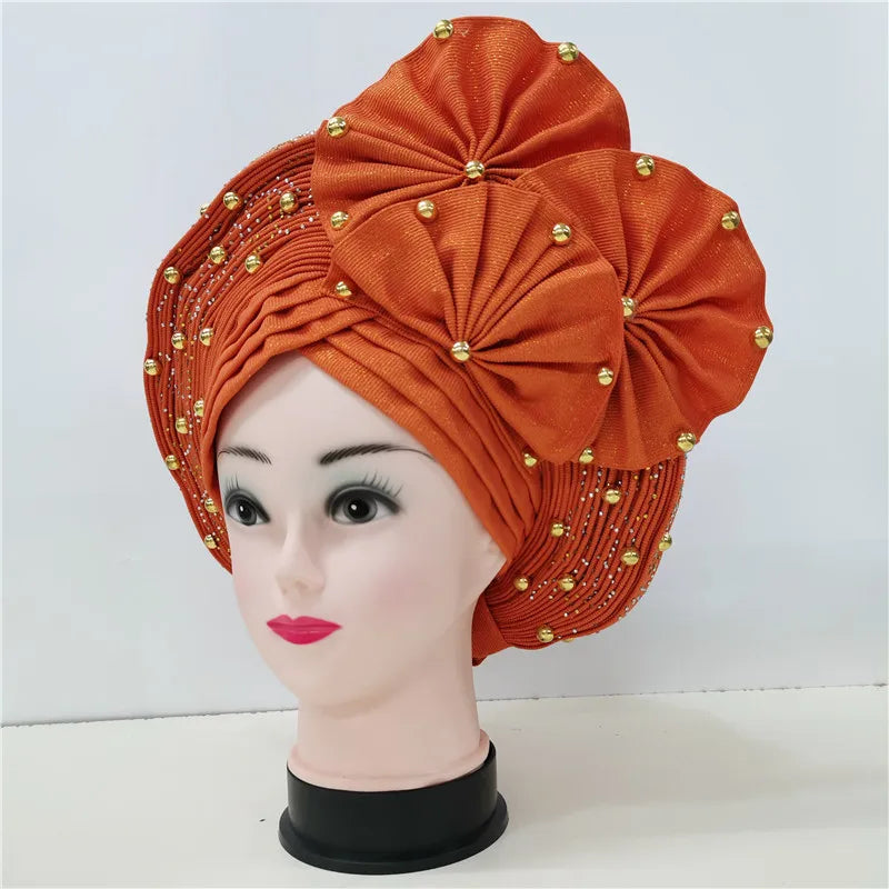 Nigerian gel headgear, with stone bead, already made auto, turban, afro aso ebi gel aso oke, wide brim headgear 7L111802