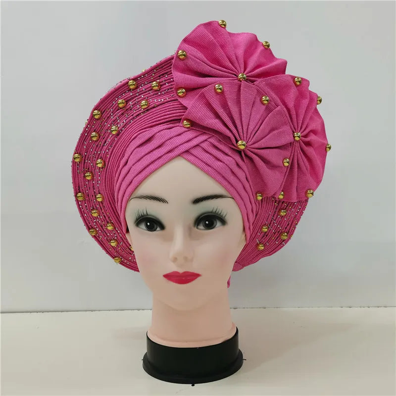 Nigerian gel headgear, with stone bead, already made auto, turban, afro aso ebi gel aso oke, wide brim headgear 7L111802