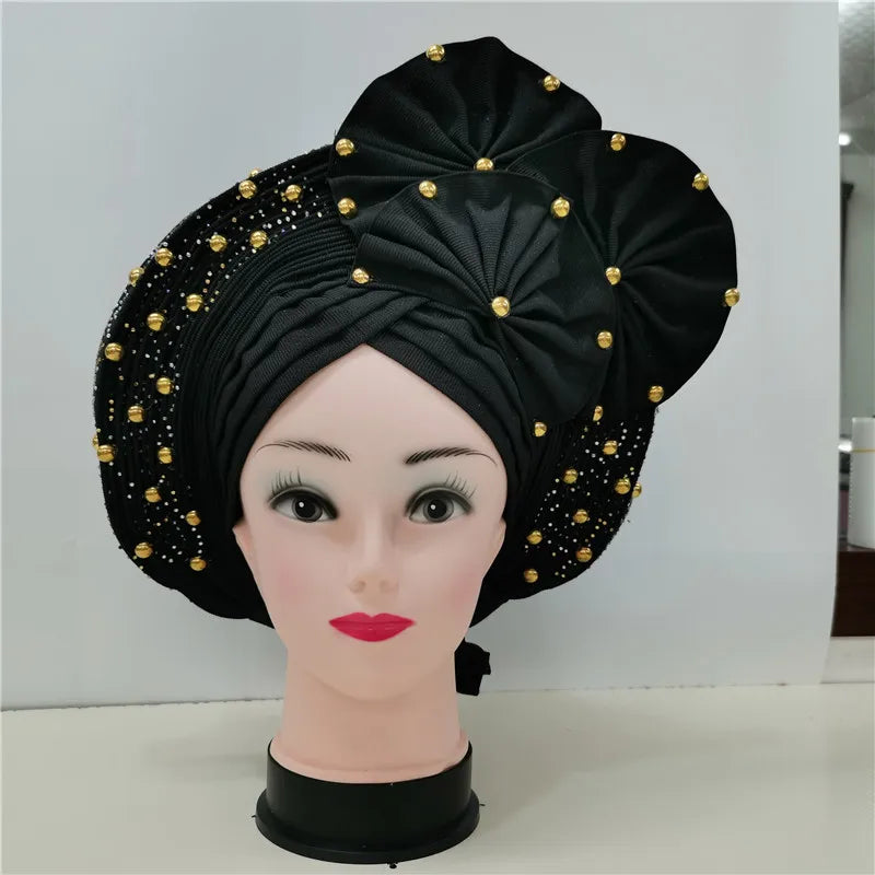 Nigerian gel headgear, with stone bead, already made auto, turban, afro aso ebi gel aso oke, wide brim headgear 7L111802