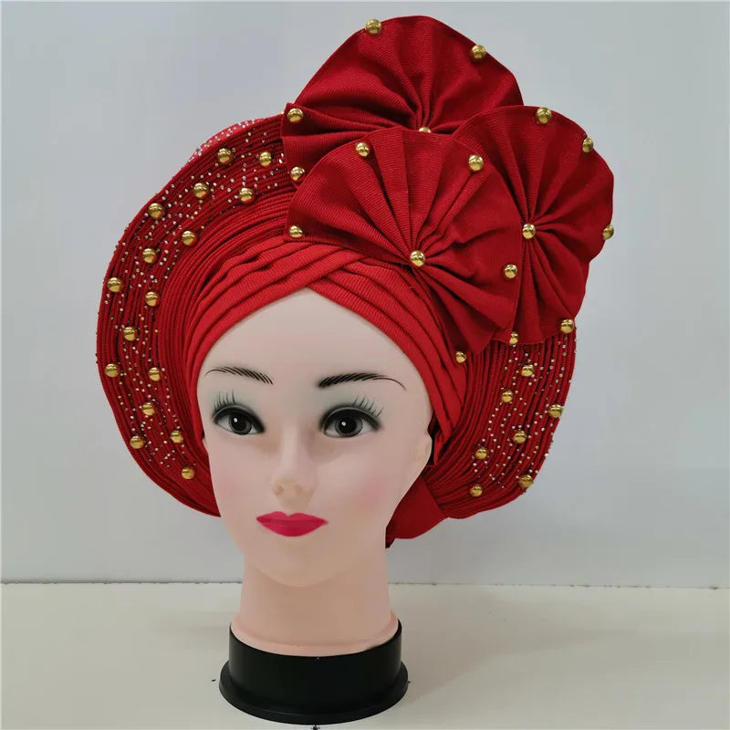 Nigerian gel headgear, with stone bead, already made auto, turban, afro aso ebi gel aso oke, wide brim headgear 7L111802