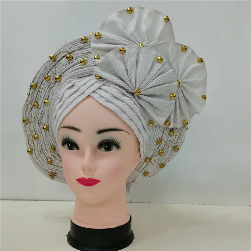 Nigerian gel headgear, with stone bead, already made auto, turban, afro aso ebi gel aso oke, wide brim headgear 7L111802