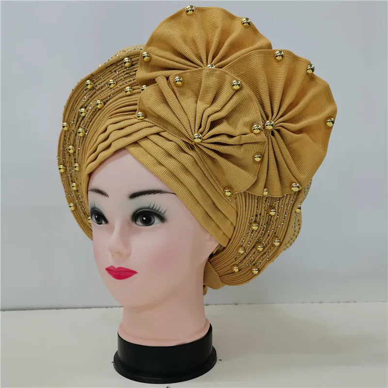 Nigerian gel headgear, with stone bead, already made auto, turban, afro aso ebi gel aso oke, wide brim headgear 7L111802