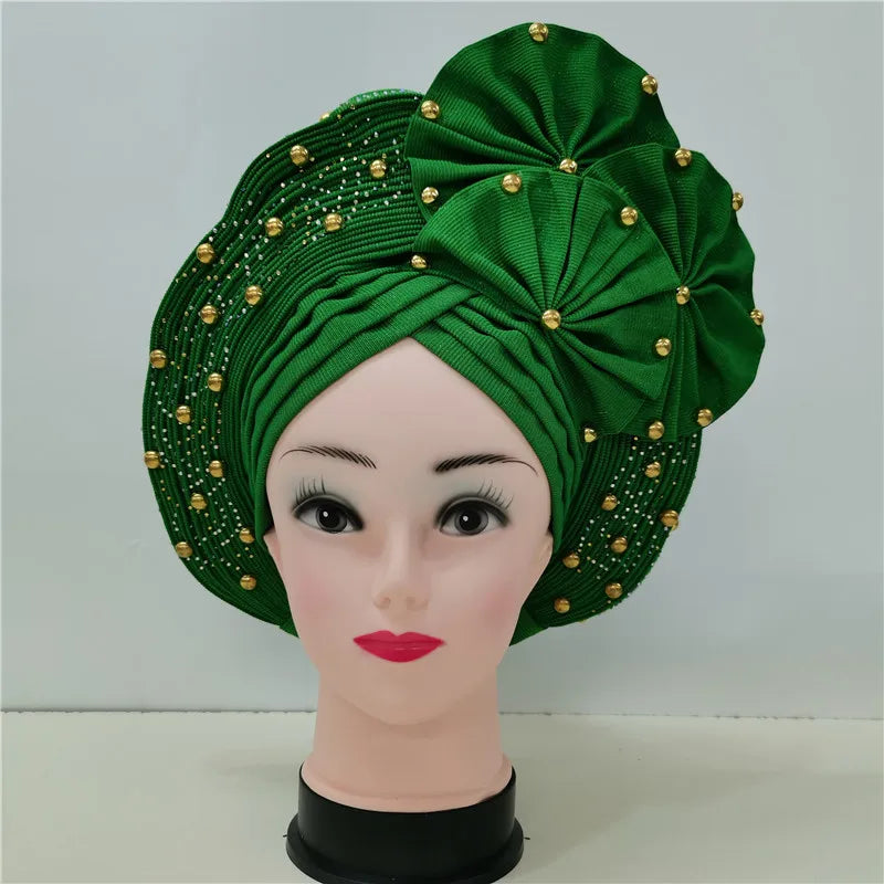 Nigerian gel headgear, with stone bead, already made auto, turban, afro aso ebi gel aso oke, wide brim headgear 7L111802