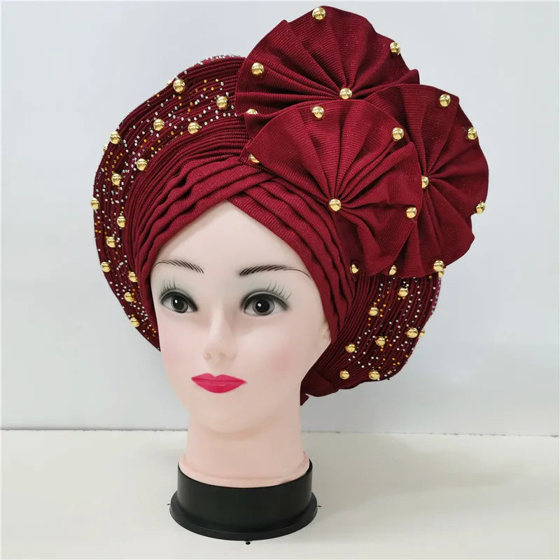 Nigerian gel headgear, with stone bead, already made auto, turban, afro aso ebi gel aso oke, wide brim headgear 7L111802