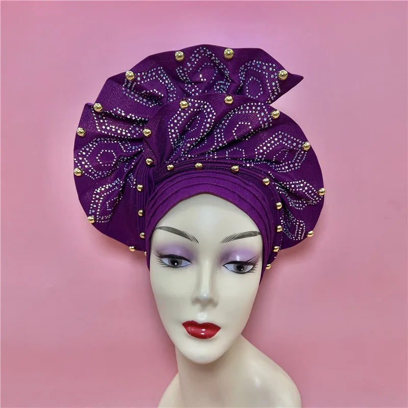 Nigerian gel headgear, with stone bead, already made auto, turban, afro aso ebi gel aso oke, wide brim headgear 7L111802