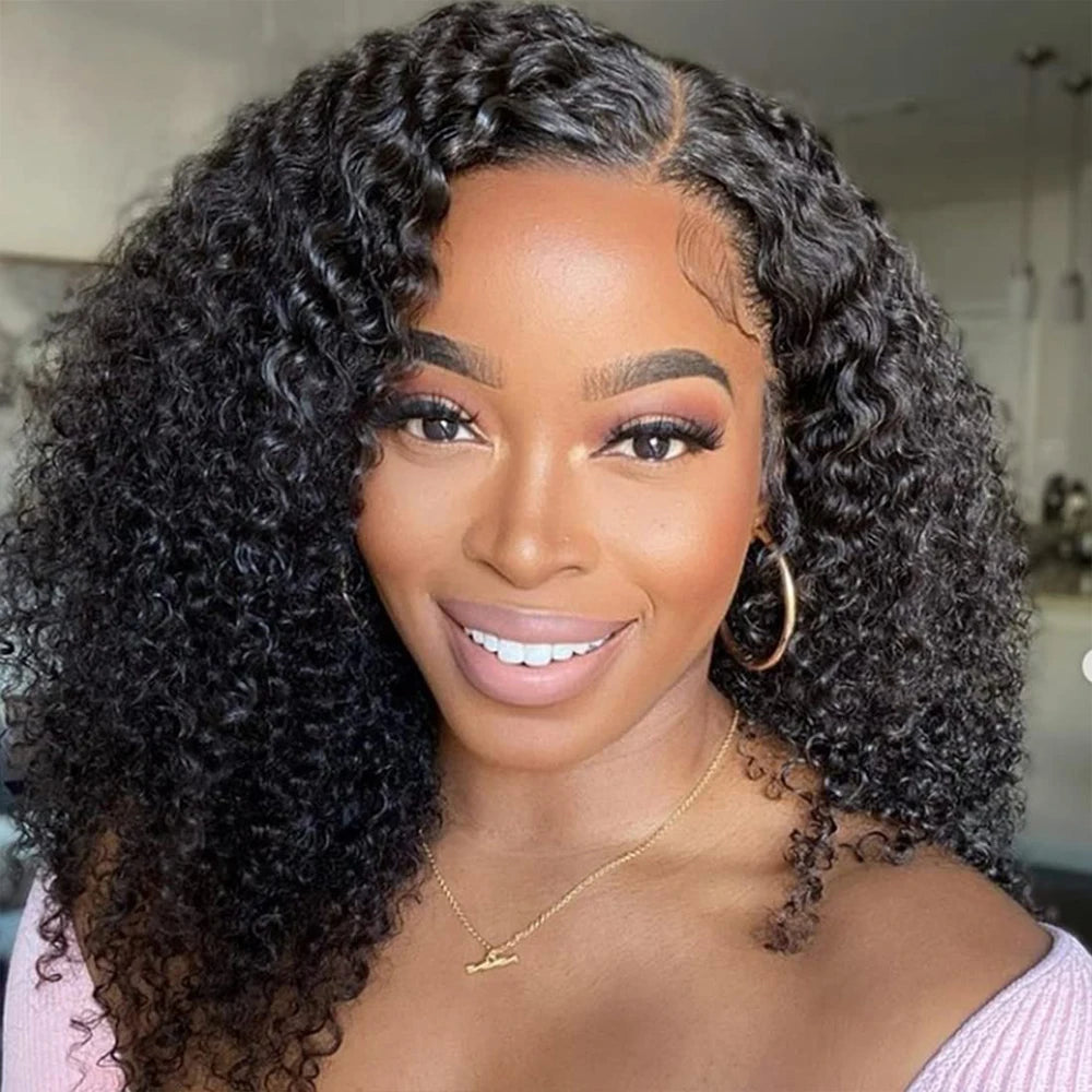 Natural Black 26” Long Kinky Curly Soft Glueless 180%Density Short Bob Deep Lace Front Wigs For Women With Baby Hair Preplucked