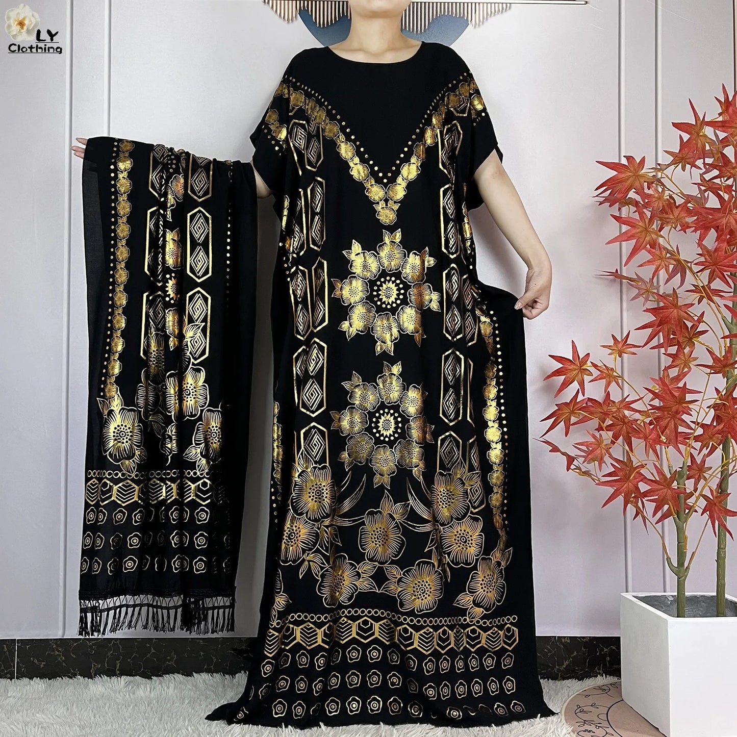 New Summer Short Sleeve Robe Cotton Loose Lady Dress With Big Scarf Gold Stamping Boubou Maxi Islam Women African Abaya Clothing