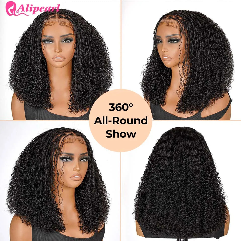 AliPearl Hair Boho Braided Knotless Short Curly 13x6 Lace frontal Wig Pre cut lace Human Hair Wigs 180% density