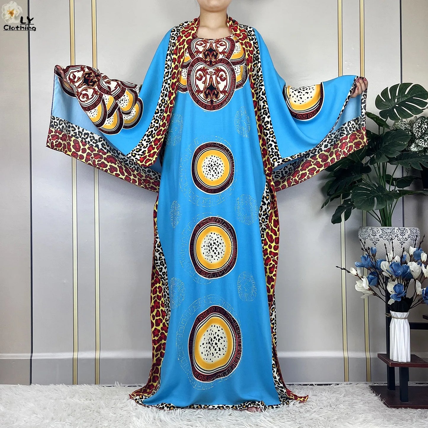 Muslim Lady Dress With Big Scarf Cotton Printed Loose Floral African Dashiki Boubou Maxi Islam Women Short Sleeve Abaya Clothing