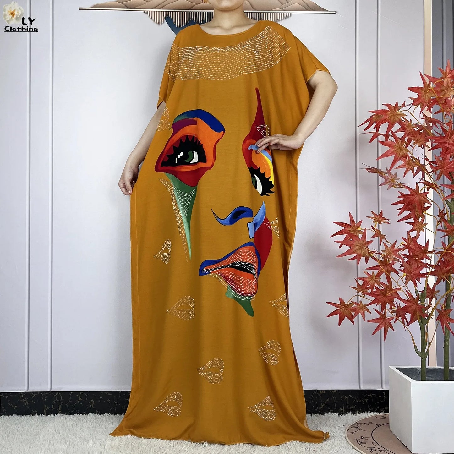 Muslim Lady Dress With Big Scarf Cotton Printed Loose Floral African Dashiki Boubou Maxi Islam Women Short Sleeve Abaya Clothing