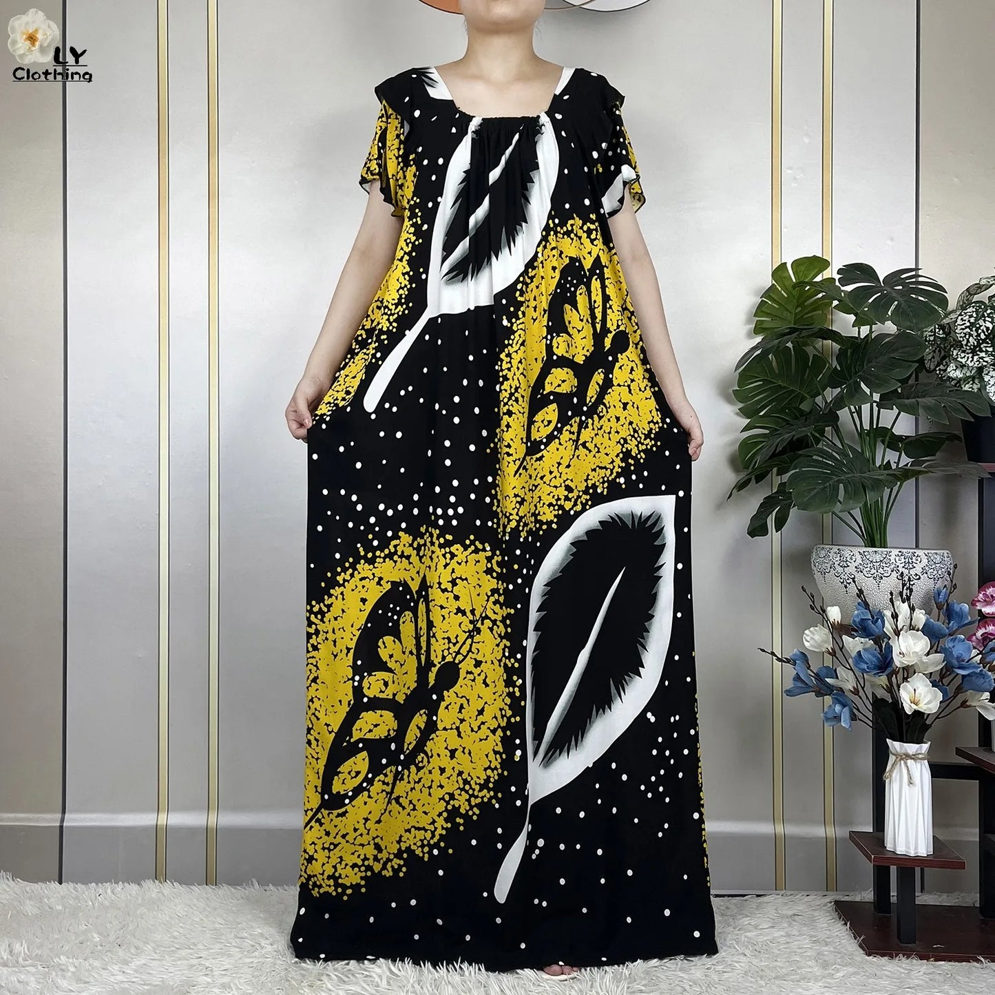 2023 New Muslim Lady Fashion Summer Cotton Short Sleeve Dress Floral Print Boubou Maxi Islam Women Loose African Abaya Clothes