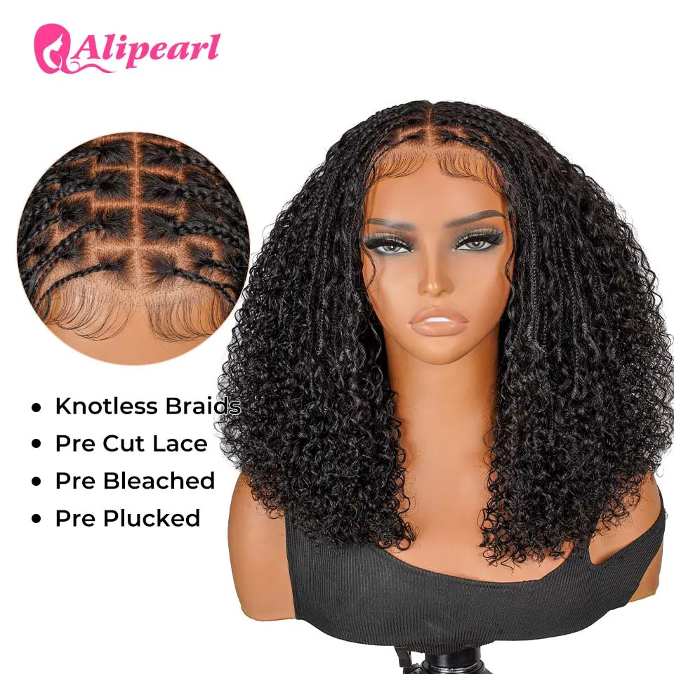 AliPearl Hair Boho Braided Knotless Short Curly 13x6 Lace frontal Wig Pre cut lace Human Hair Wigs 180% density