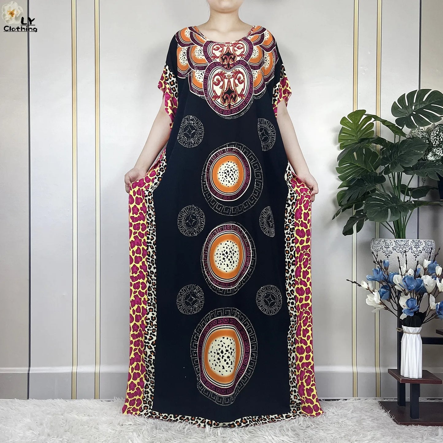 Muslim Lady Dress With Big Scarf Cotton Printed Loose Floral African Dashiki Boubou Maxi Islam Women Short Sleeve Abaya Clothing