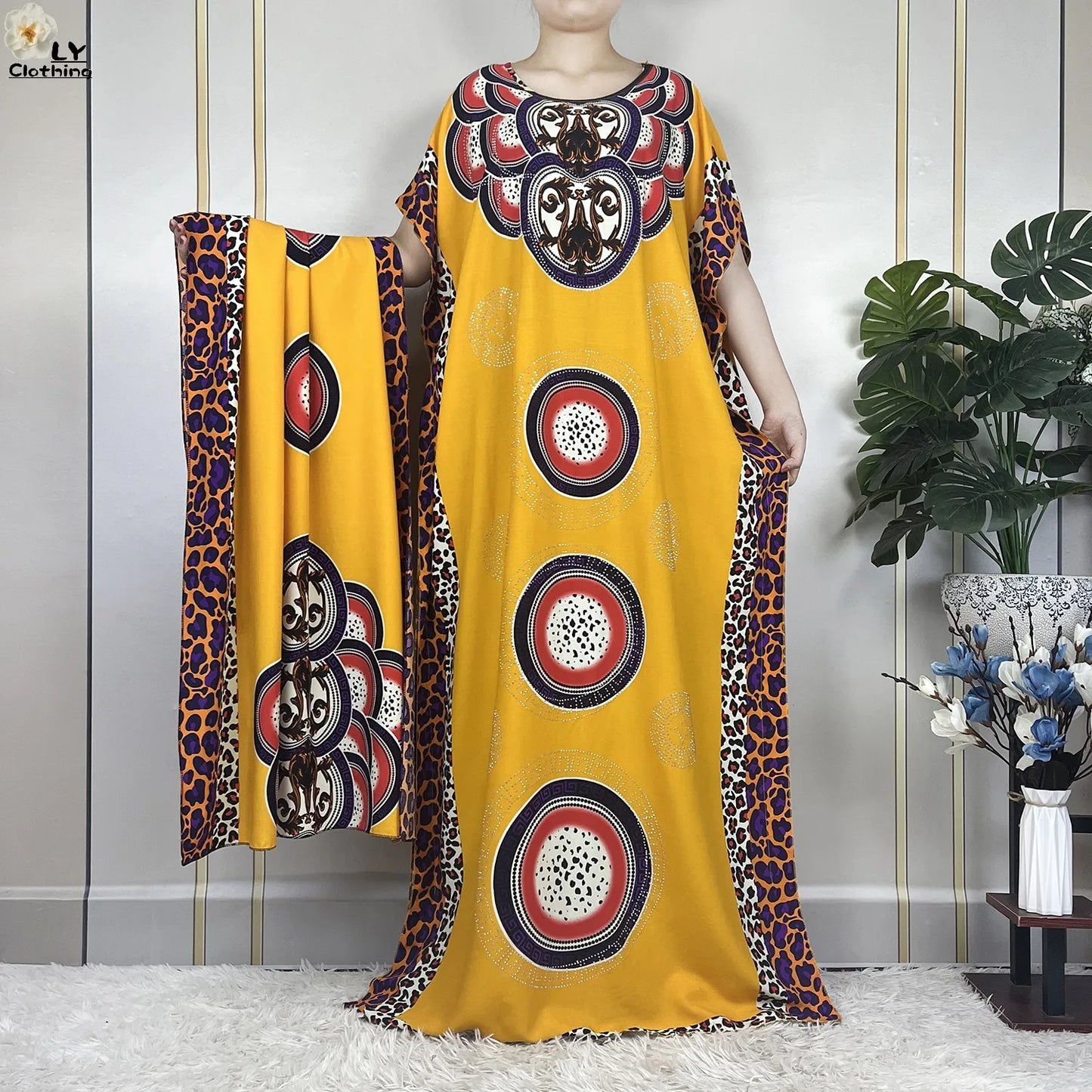 Muslim Lady Dress With Big Scarf Cotton Printed Loose Floral African Dashiki Boubou Maxi Islam Women Short Sleeve Abaya Clothing