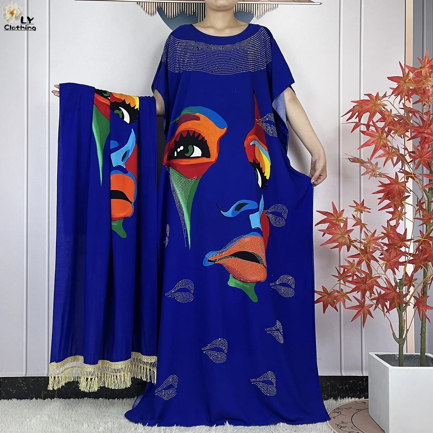 Muslim Lady Dress With Big Scarf Cotton Printed Loose Floral African Dashiki Boubou Maxi Islam Women Short Sleeve Abaya Clothing