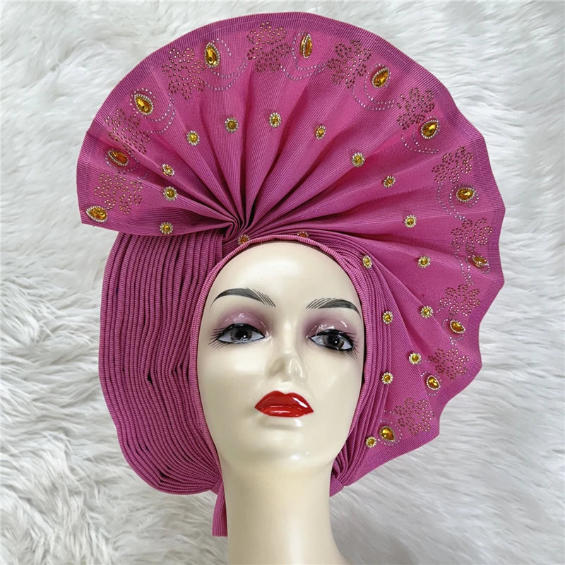 Nigerian gel headgear, with stone bead, already made auto, turban, afro aso ebi gel aso oke, wide brim headgear 7L111802