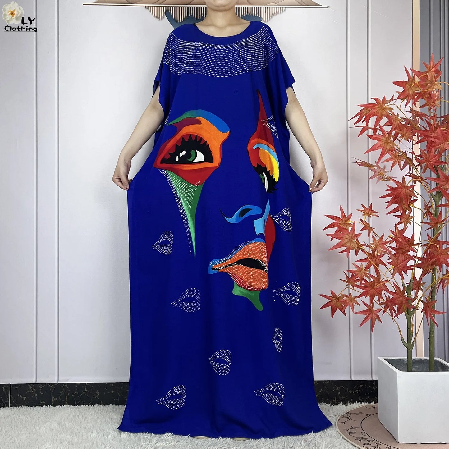 Muslim Lady Dress With Big Scarf Cotton Printed Loose Floral African Dashiki Boubou Maxi Islam Women Short Sleeve Abaya Clothing