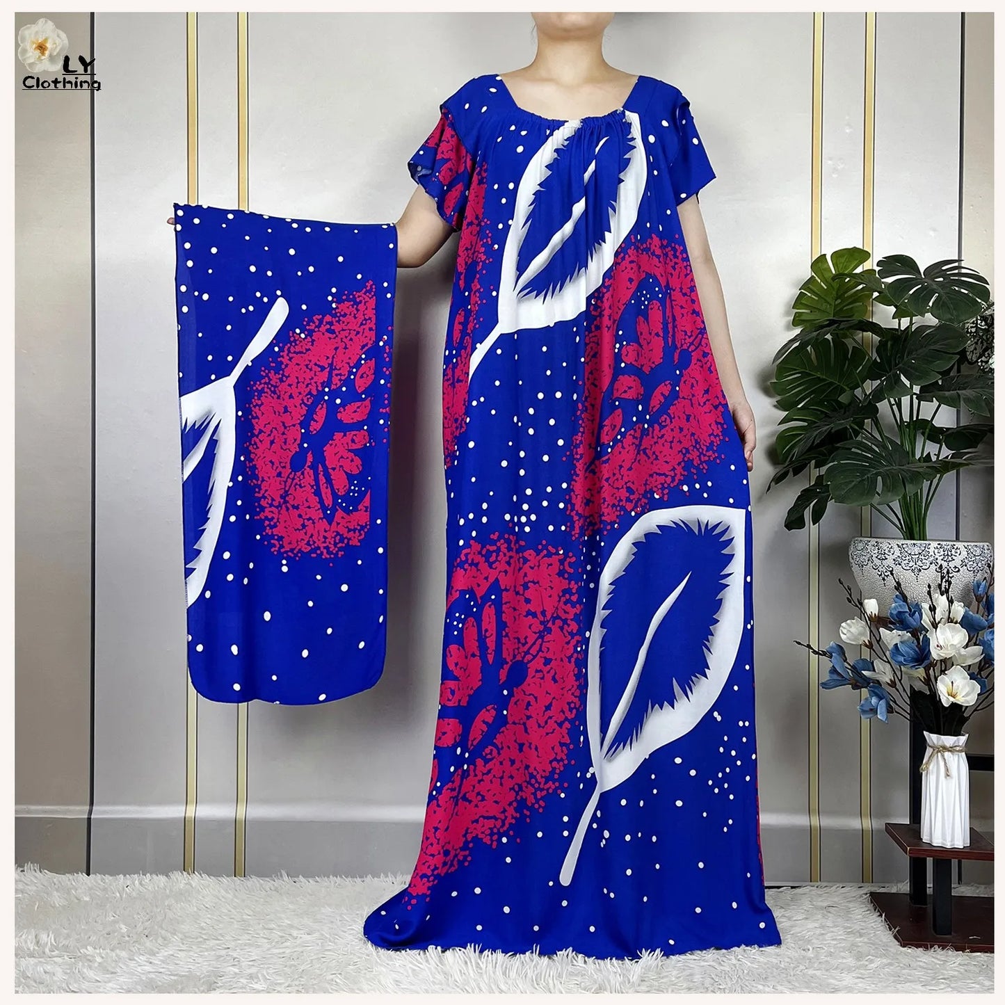 2023 New Muslim Lady Fashion Summer Cotton Short Sleeve Dress Floral Print Boubou Maxi Islam Women Loose African Abaya Clothes