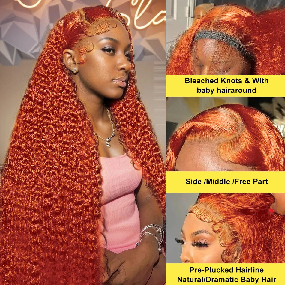 30 40 Inch 13x6 Orange Ginger Curly Lace Frontal Human Hair Wig 200 Density 13x4 Deep Wave Lace Front Human Hair Wigs For Women