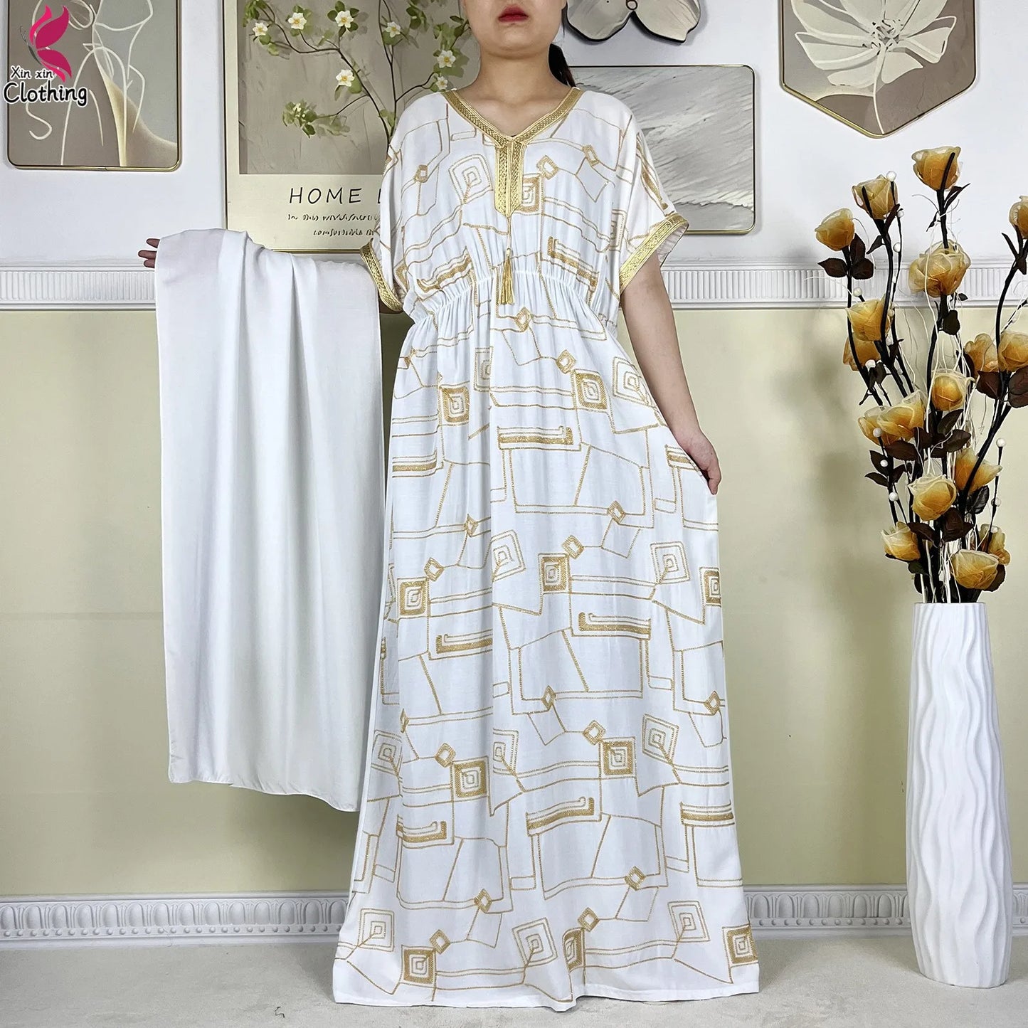 2024Latest Style Dubai Abaya Dress Solid Cotton Dress Embroidery African Dashiki Women Boubou Maxi Islam Clothing Casual Abaya