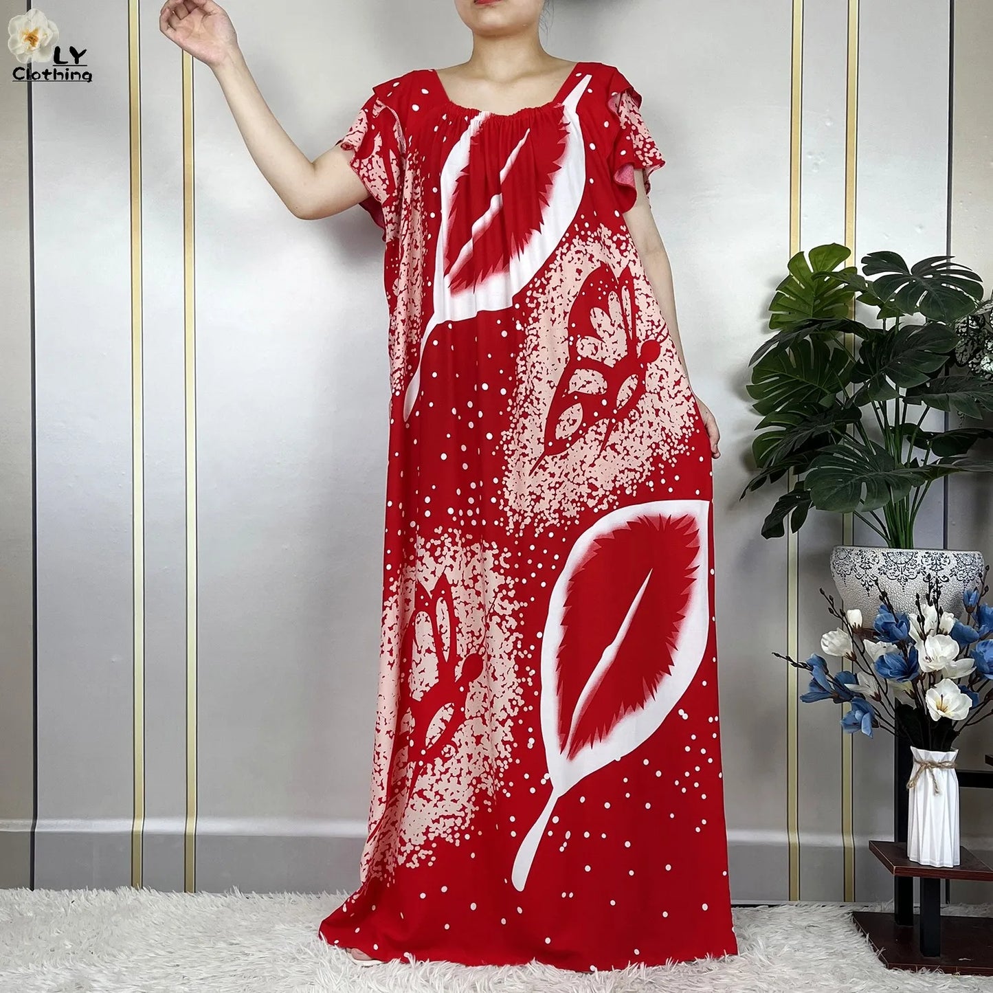 2023 New Muslim Lady Fashion Summer Cotton Short Sleeve Dress Floral Print Boubou Maxi Islam Women Loose African Abaya Clothes