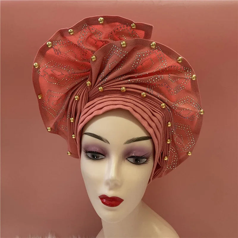 Nigerian gel headgear, with stone bead, already made auto, turban, afro aso ebi gel aso oke, wide brim headgear 7L111802