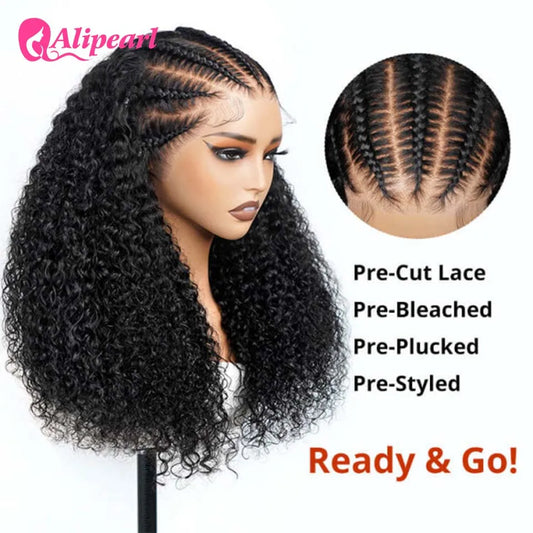 Alipearl Pre-Styled Cute Braids Curly Ready & Go Human Hair Wig 13x6 Transparent Lace Full Frontal Guleless Wig Pre Baby Hair