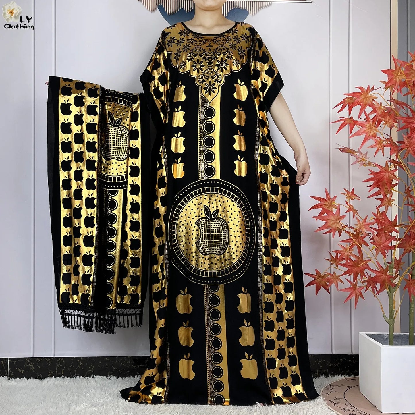 New Summer Short Sleeve Robe Cotton Loose Lady Dress With Big Scarf Gold Stamping Boubou Maxi Islam Women African Abaya Clothing