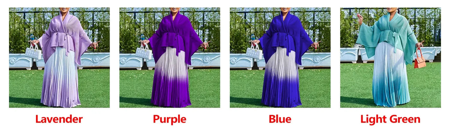 2PCS African Dresses For Women Pleated Gradient Color Kimono Belted Tops Skirt Set Ankara Dashiki Africa Clothing Outfits Abaya