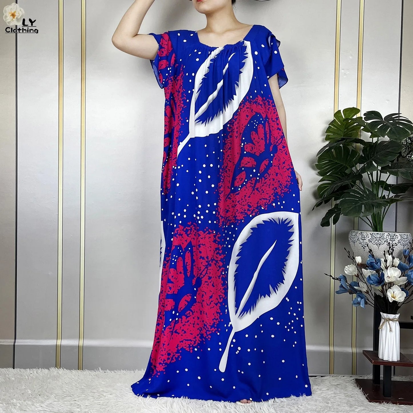 2023 New Muslim Lady Fashion Summer Cotton Short Sleeve Dress Floral Print Boubou Maxi Islam Women Loose African Abaya Clothes