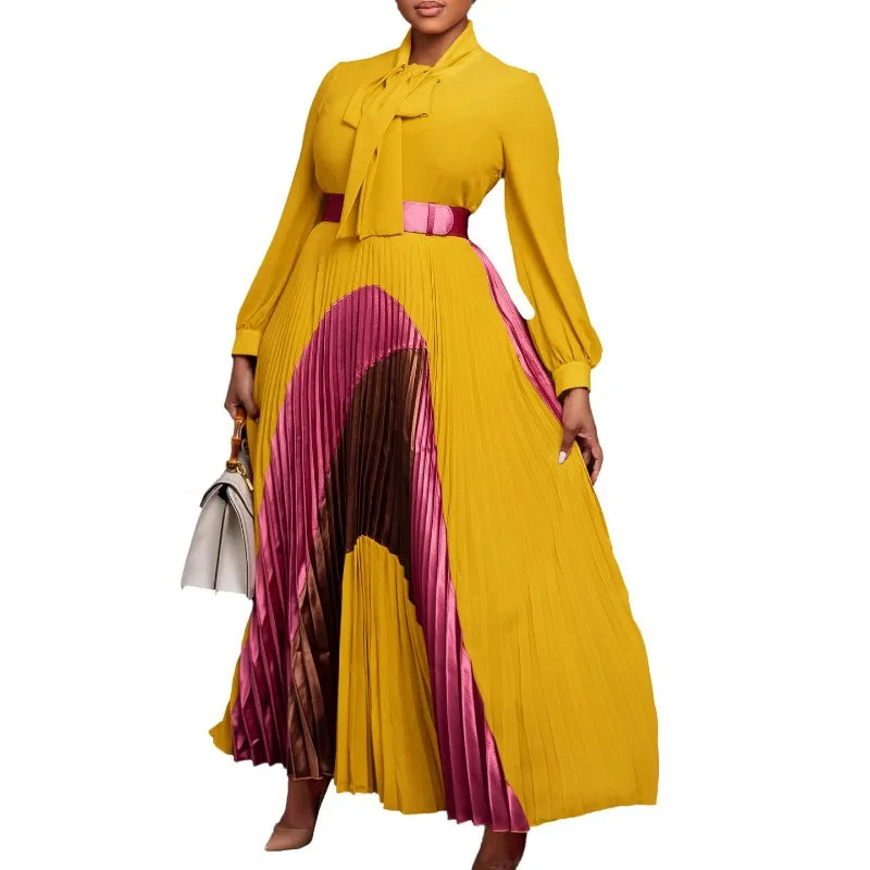 Elegant Women's Pleated Maxi Dress Autumn New Style Lace Up Pleated Long Sleeved Color Matching Fashion Birthday Wedding Guest