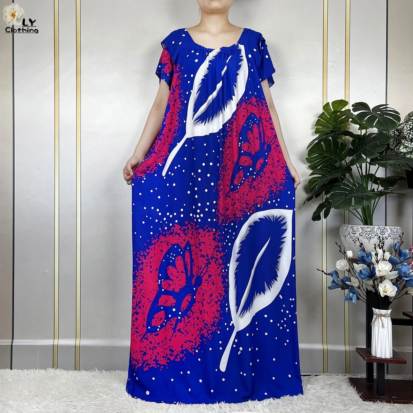 2023 New Muslim Lady Fashion Summer Cotton Short Sleeve Dress Floral Print Boubou Maxi Islam Women Loose African Abaya Clothes