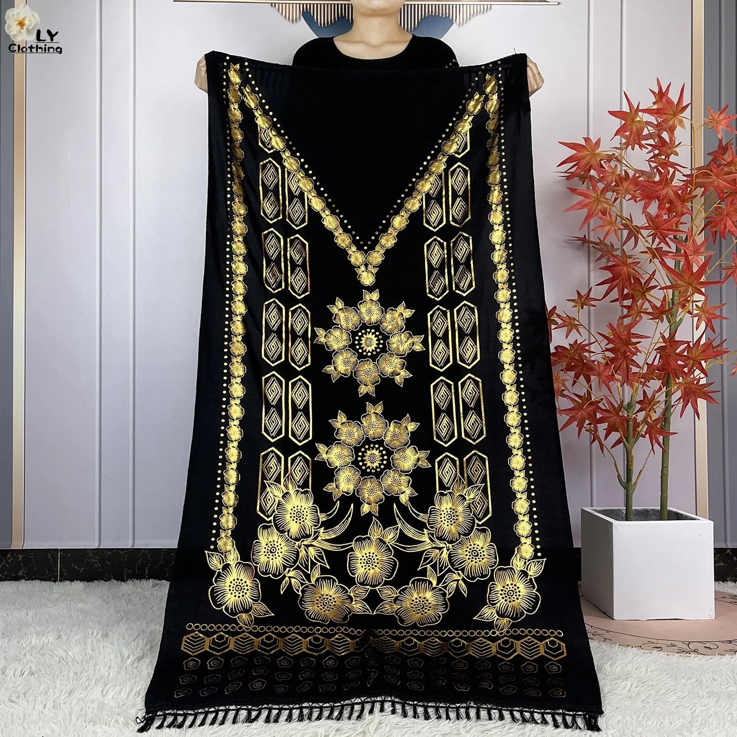 New Summer Short Sleeve Robe Cotton Loose Lady Dress With Big Scarf Gold Stamping Boubou Maxi Islam Women African Abaya Clothing