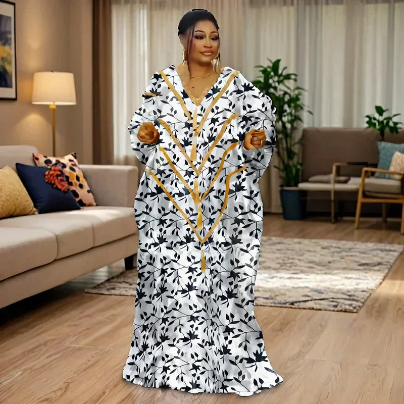 Plus Size African Dresses for Women Autumn Elegant African V-neck Party Evening Long Maxi Dress Gowns Dashiki Africa Clothing