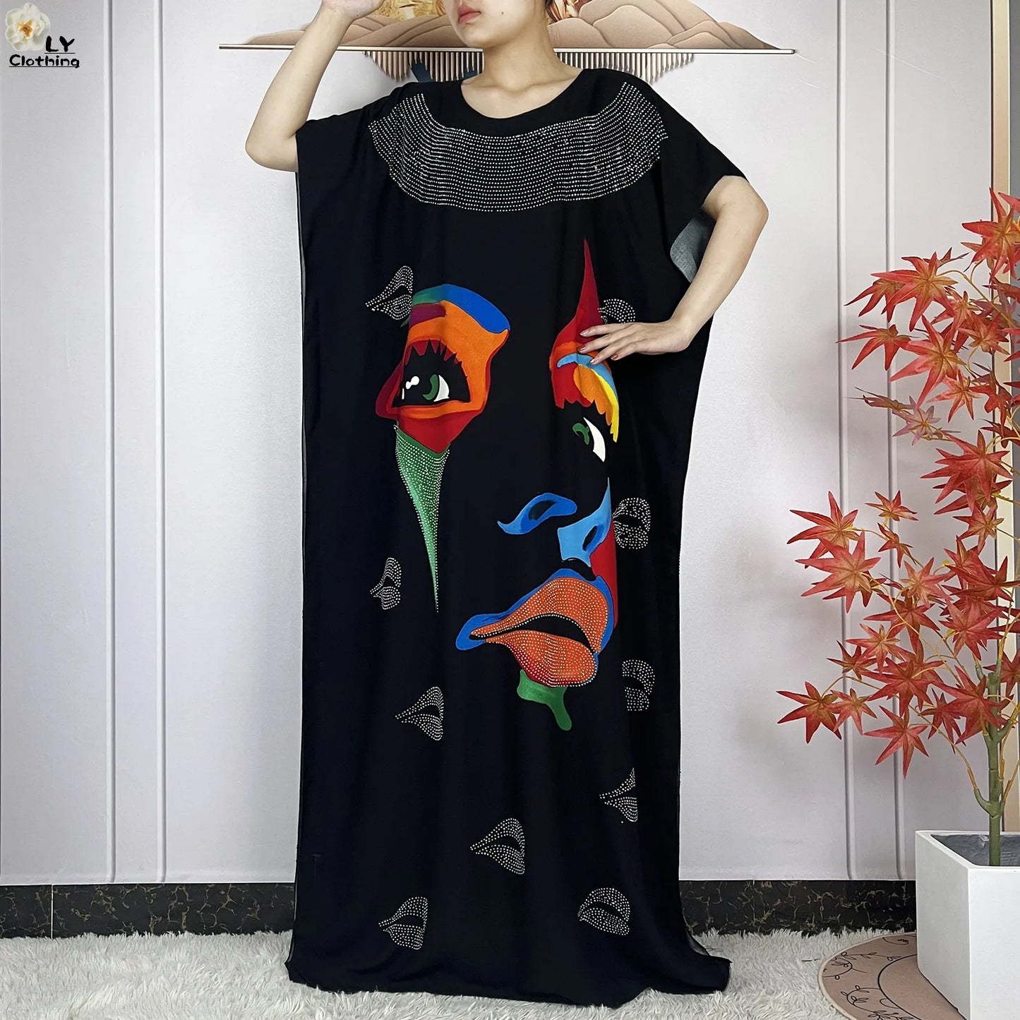 Muslim Lady Dress With Big Scarf Cotton Printed Loose Floral African Dashiki Boubou Maxi Islam Women Short Sleeve Abaya Clothing