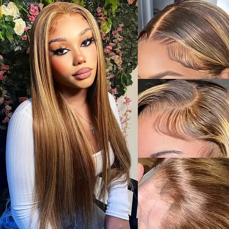 250 Density 13x4  Highlights 4/27  Color Straight Lace Forehead Wig Cover Brazilian 30 32 Inch Long Women Real Human Hair Wigs