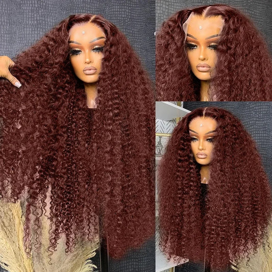 13x6 Frontal Wigs Reddish Brown Curly 30 34 inch 13x4 HD Lace Front Human Hair Wigs Deep Wave PrePlucked For Women