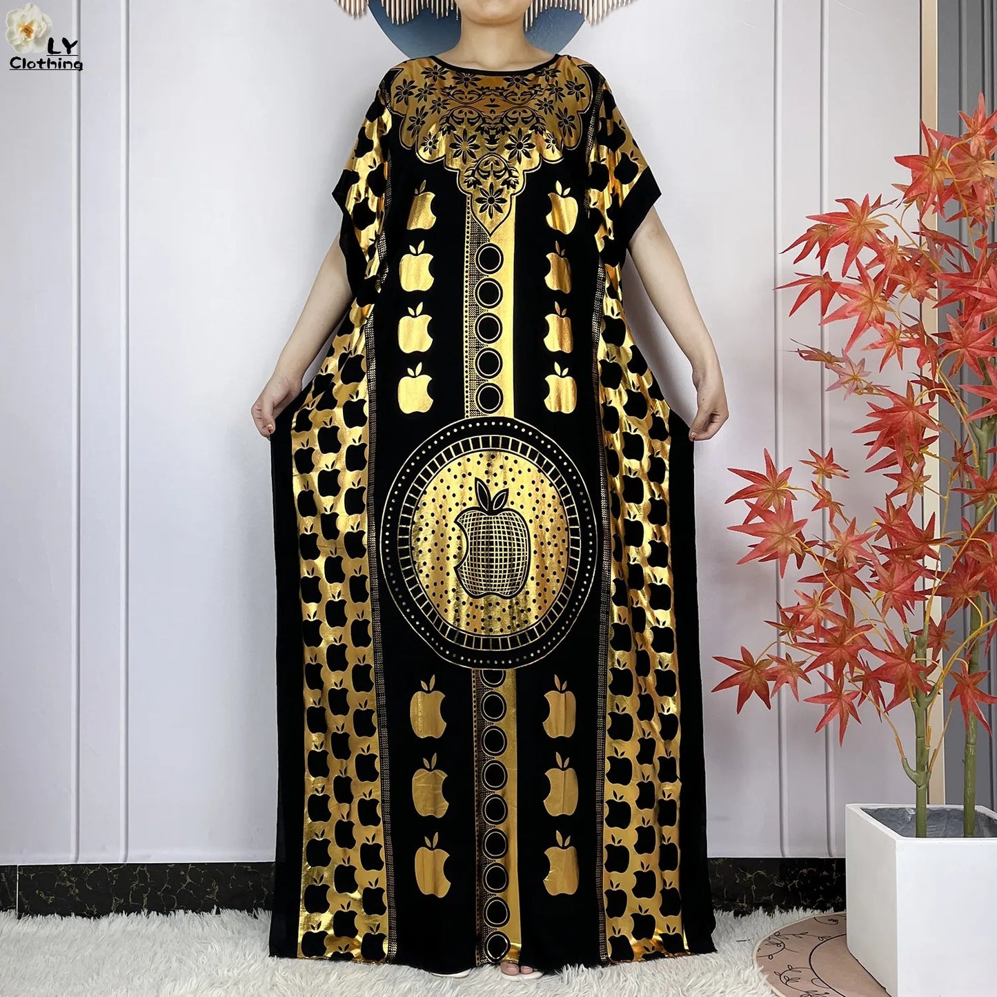 New Summer Short Sleeve Robe Cotton Loose Lady Dress With Big Scarf Gold Stamping Boubou Maxi Islam Women African Abaya Clothing