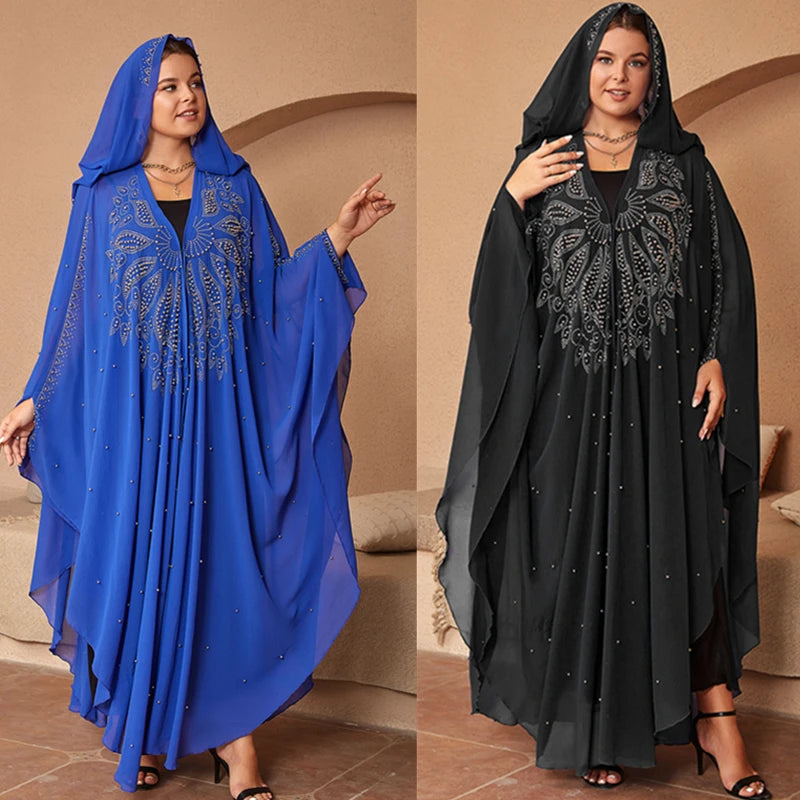 Fashion Chiffon Hooded Boubou Kaftan Abaya Dubai Turkey Muslim Caftan Maxi Dresses Islamic Clothing Elegant African Beads Dress