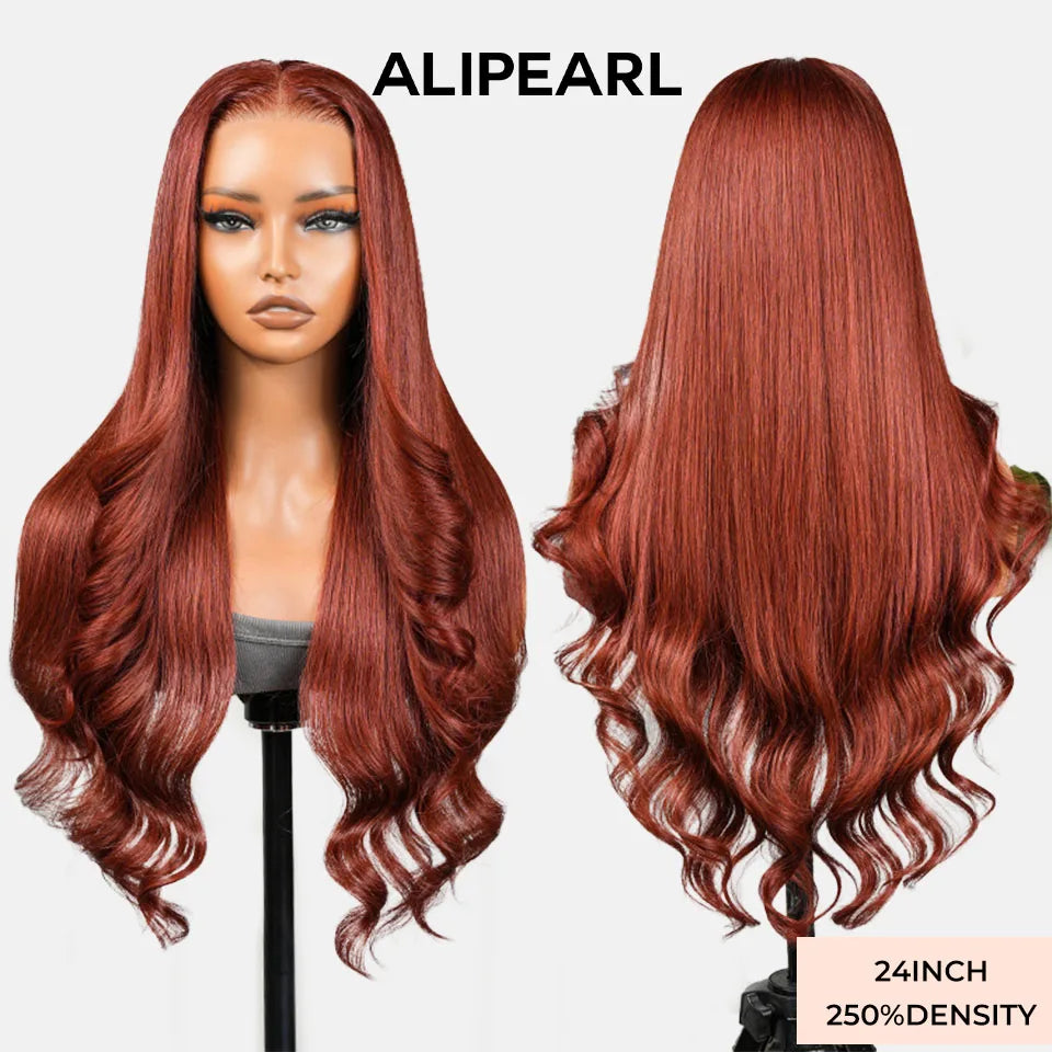 Alipearl Hair Vintage Red Brown Customized Wave 13x4 Lace Fontal & 4x7 Closure Wig Human Hair Pre Cut Pre Plucked 250% Density