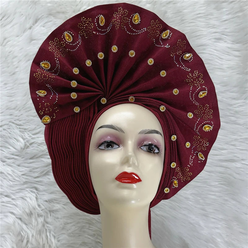 Nigerian gel headgear, with stone bead, already made auto, turban, afro aso ebi gel aso oke, wide brim headgear 7L111802