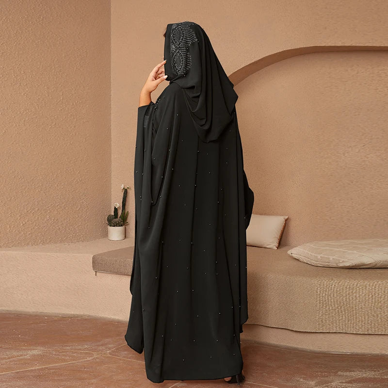 Muslim Kaftan Hooded Abaya Dress For Women Dubai Turkish Rhinestone Chiffon Djellaba Elegant Loose Boubou Beads Africa Clothing