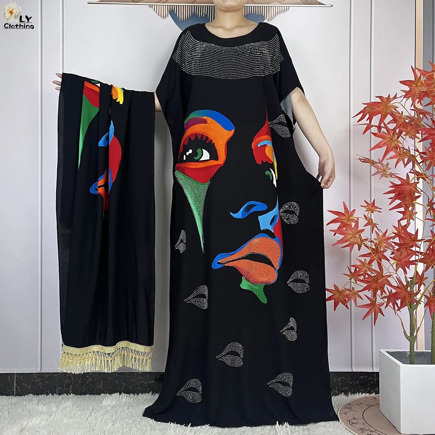 Muslim Lady Dress With Big Scarf Cotton Printed Loose Floral African Dashiki Boubou Maxi Islam Women Short Sleeve Abaya Clothing