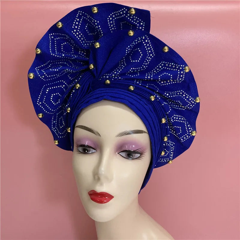 Nigerian gel headgear, with stone bead, already made auto, turban, afro aso ebi gel aso oke, wide brim headgear 7L111802