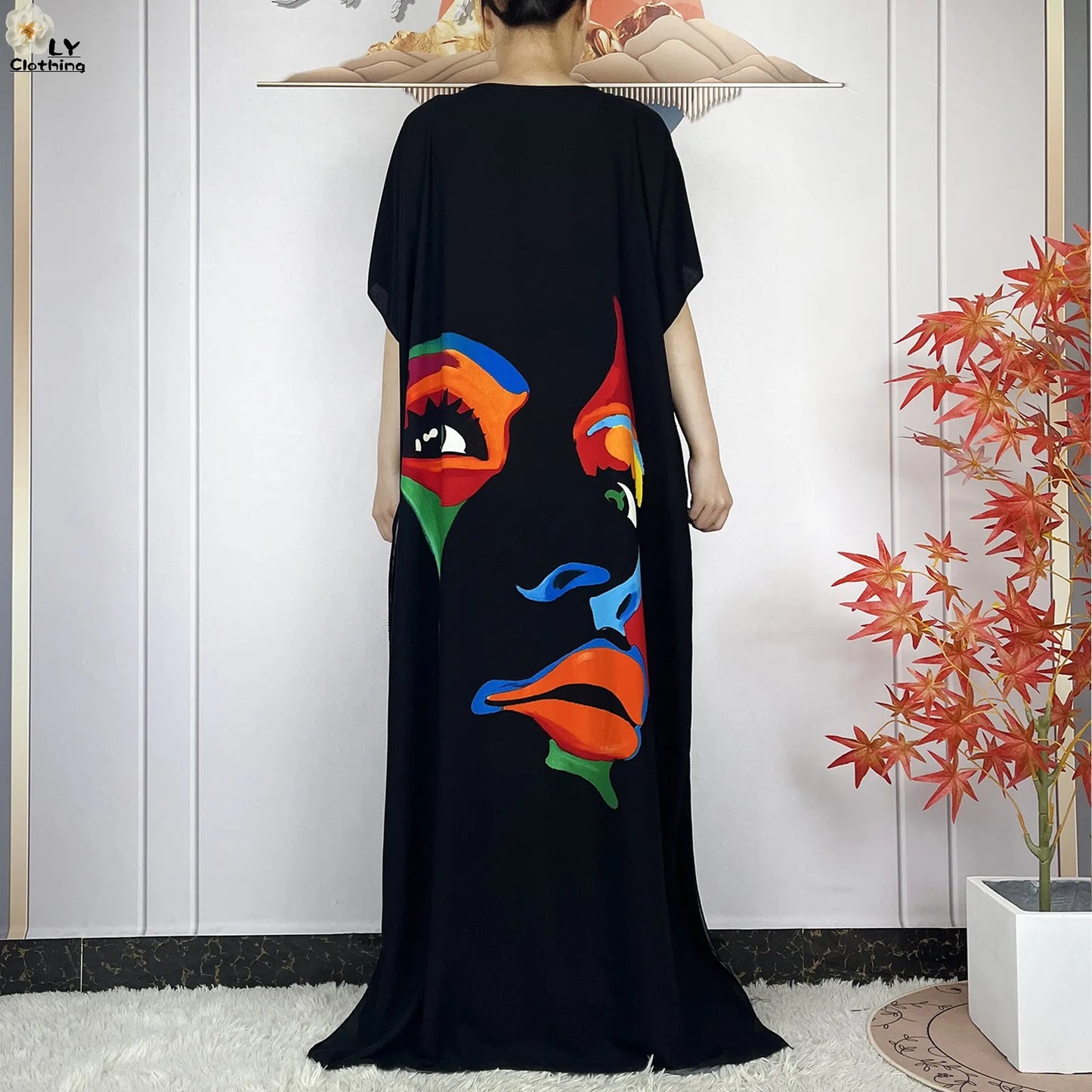 Muslim Lady Dress With Big Scarf Cotton Printed Loose Floral African Dashiki Boubou Maxi Islam Women Short Sleeve Abaya Clothing