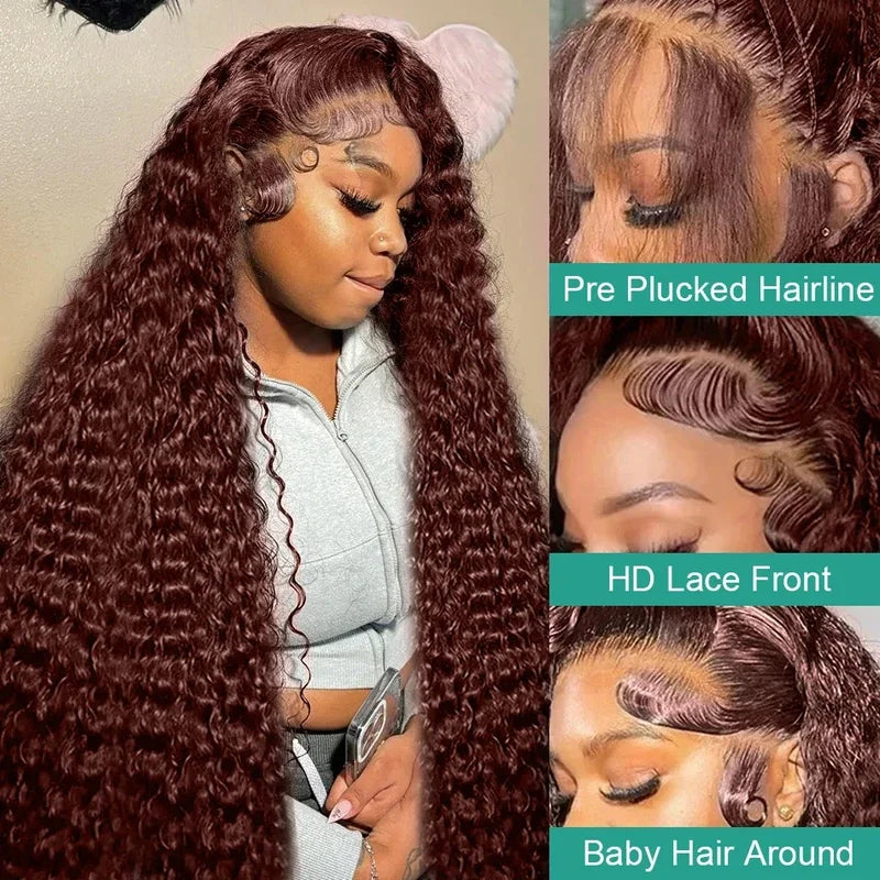 13x6 Frontal Wigs Reddish Brown Curly 30 34 inch 13x4 HD Lace Front Human Hair Wigs Deep Wave PrePlucked For Women