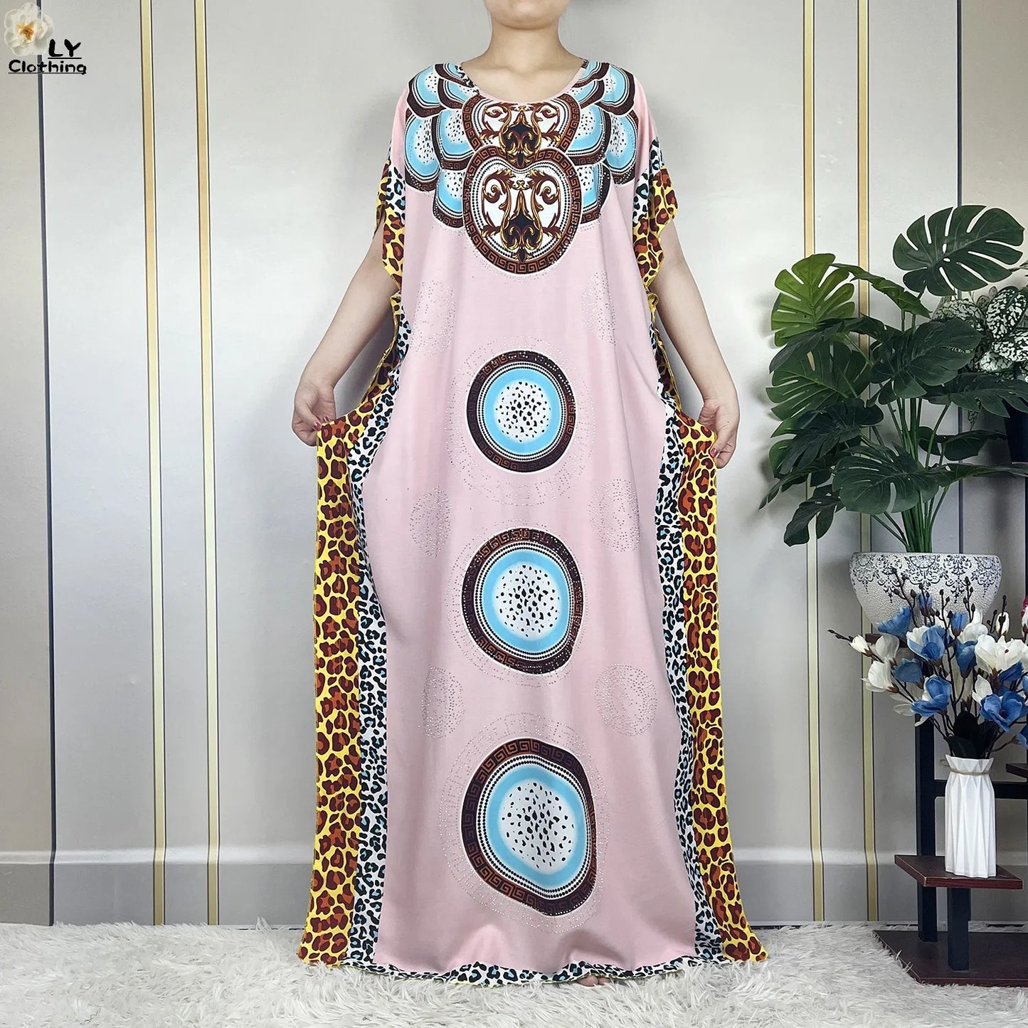 Muslim Lady Dress With Big Scarf Cotton Printed Loose Floral African Dashiki Boubou Maxi Islam Women Short Sleeve Abaya Clothing